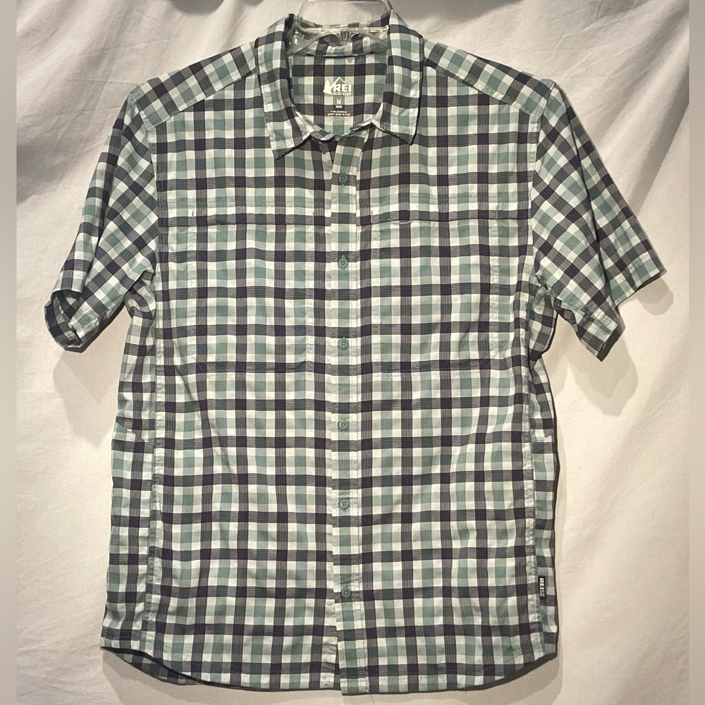 REI Men's Green, Black, and white Plaid Shirt